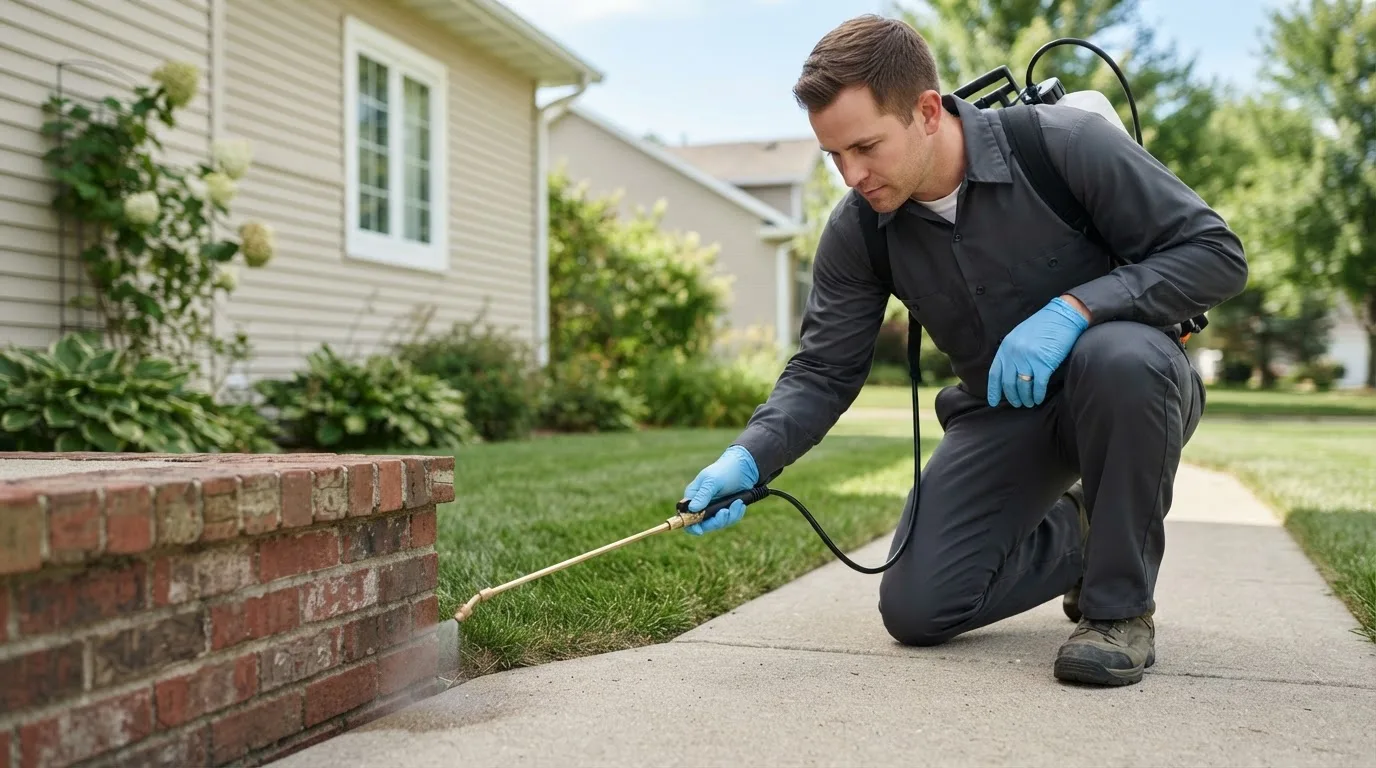 Pest control technician treating a home near Cantril, IA