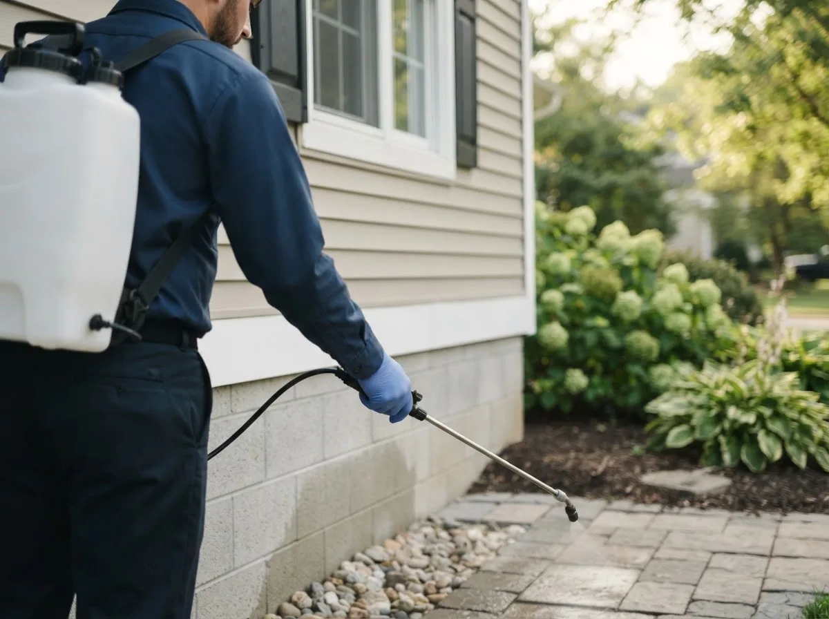 Pest control technician inspecting a home in Cantril, IA